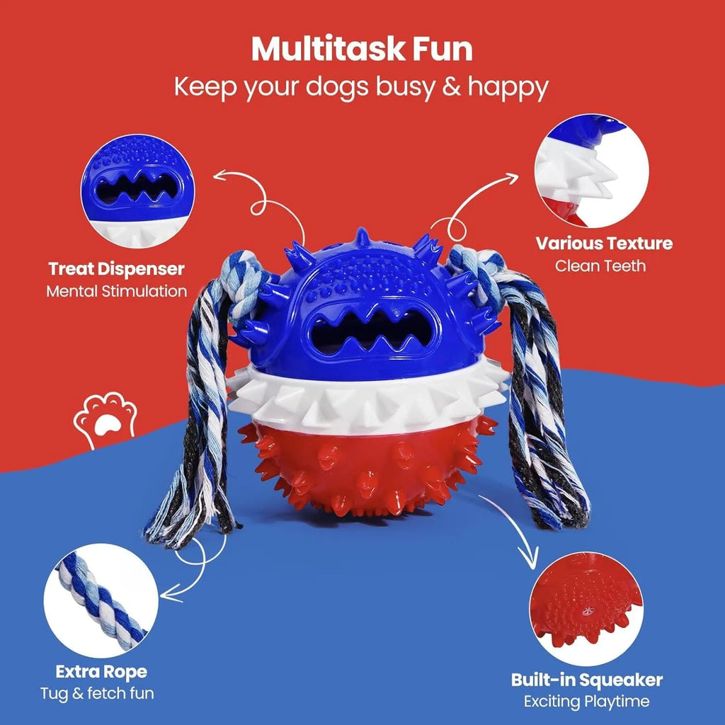 Blue and red TPR rubber squeaky dog ball with treat hole and dental bumps.