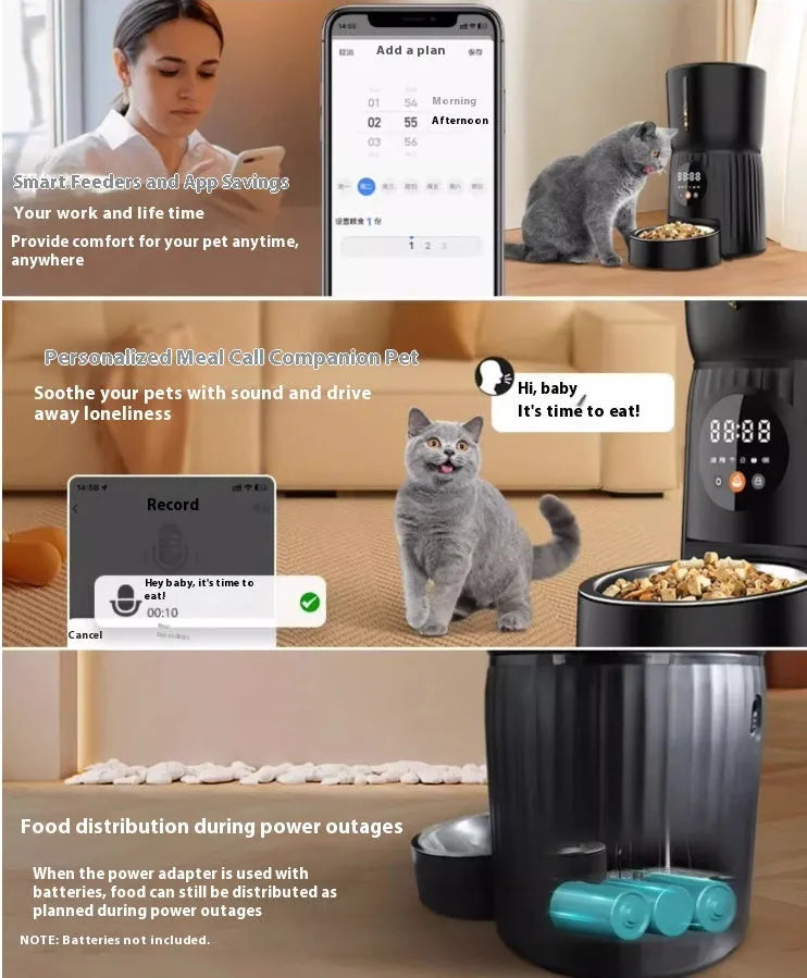 Black and white automatic pet feeder with USB power connection for timed remote feeding