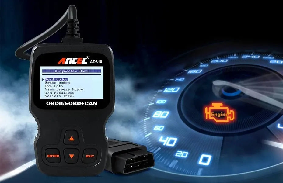 Black universal OBD2 car diagnostic code reader and instruction manual for engine fault detection.
