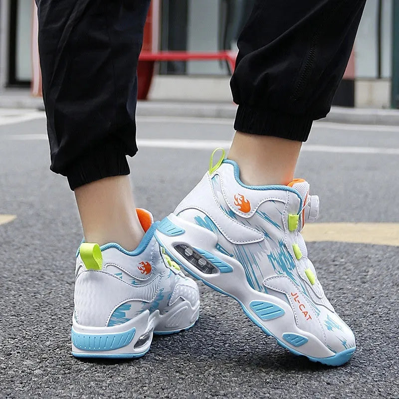 Children's rotating button basketball shoes in various colours with a synthetic leather upper and PU sole.