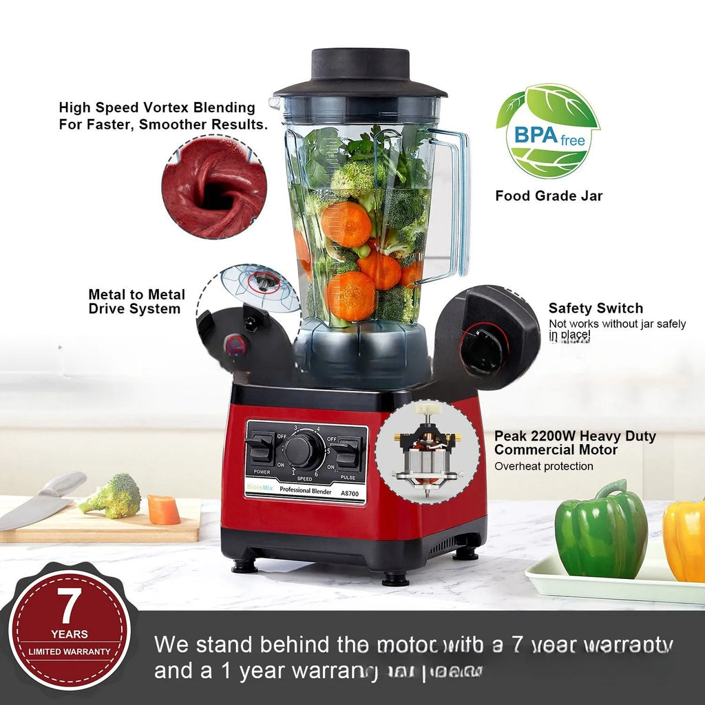 Red commercial blender model A8700 with 2L jug and 2200W motor.