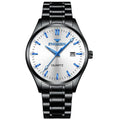 Men's quartz watch with 10mm thick case, stainless steel back, coated glass mirror, available in black or white steel and black leather.
