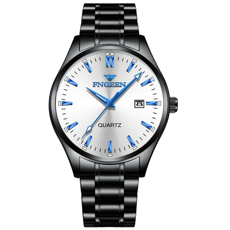 Men's quartz watch with 10mm thick case, stainless steel back, coated glass mirror, available in black or white steel and black leather.