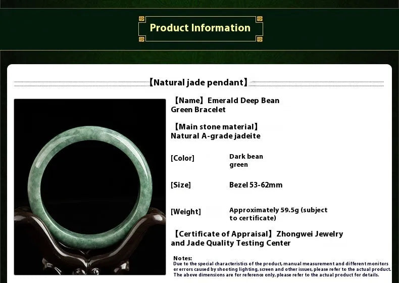 Natural emerald bean green simple solid bracelet on a gift box, showing dark pea green colour.