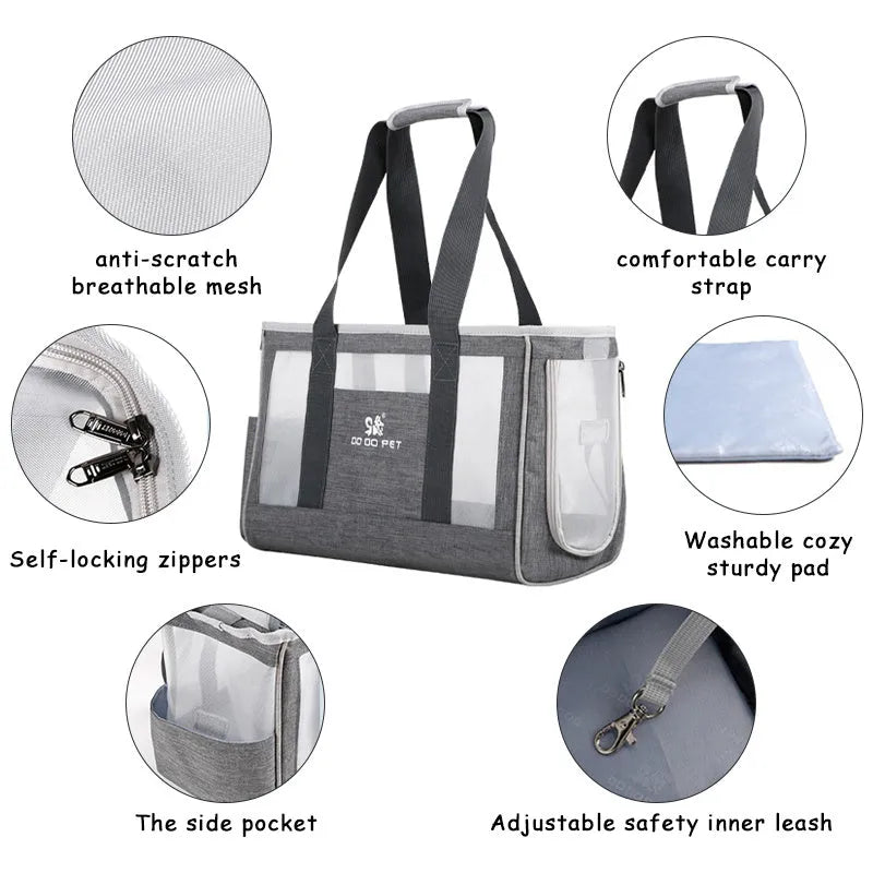 Pet carrier backpack in grey Oxford cloth with breathable mesh panels, large capacity for small dogs or cats
