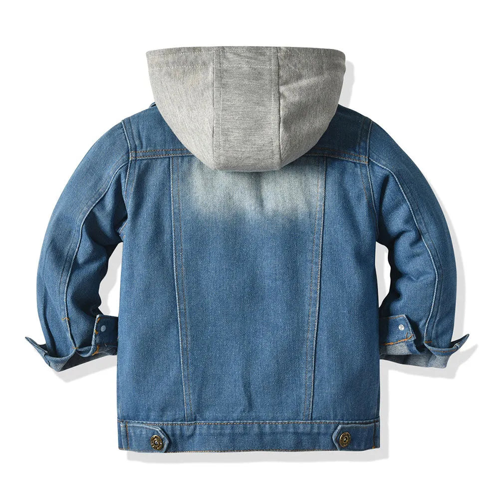 Children's grey hooded denim jacket with lapel collar and loose fit design
