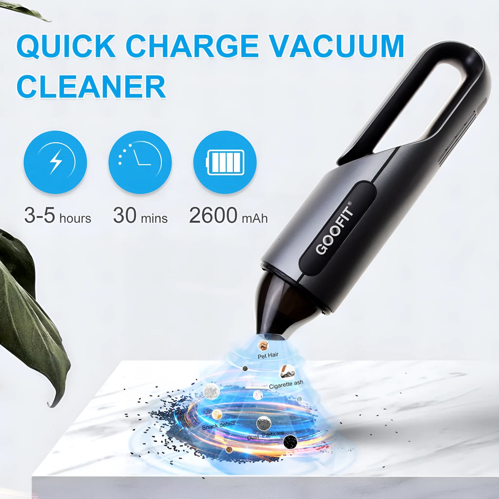 Black wireless handheld car vacuum cleaner with brush and flat attachments on vehicle seat