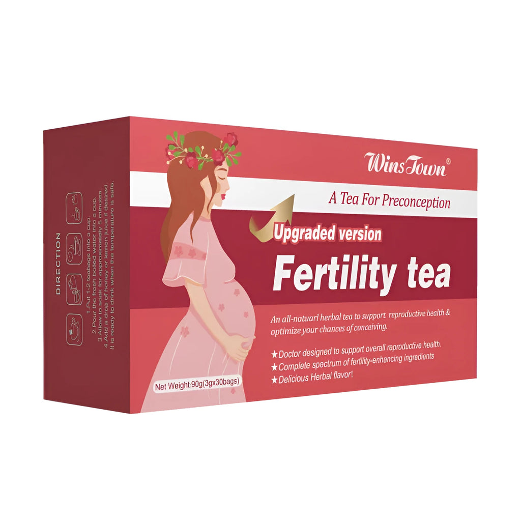Box of fertility supplement tea containing 30 individual tea bags, part of a 3-box pack.