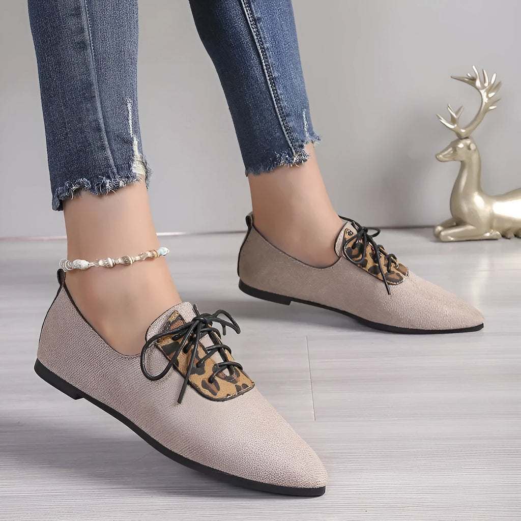 Beige leopard print women's pointed toe pumps with artificial PU upper and rubber sole