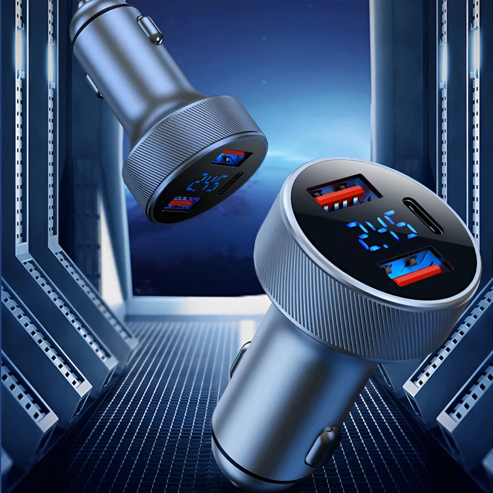 Black aluminium alloy car charger with digital display showing three USB ports and one cigarette lighter socket