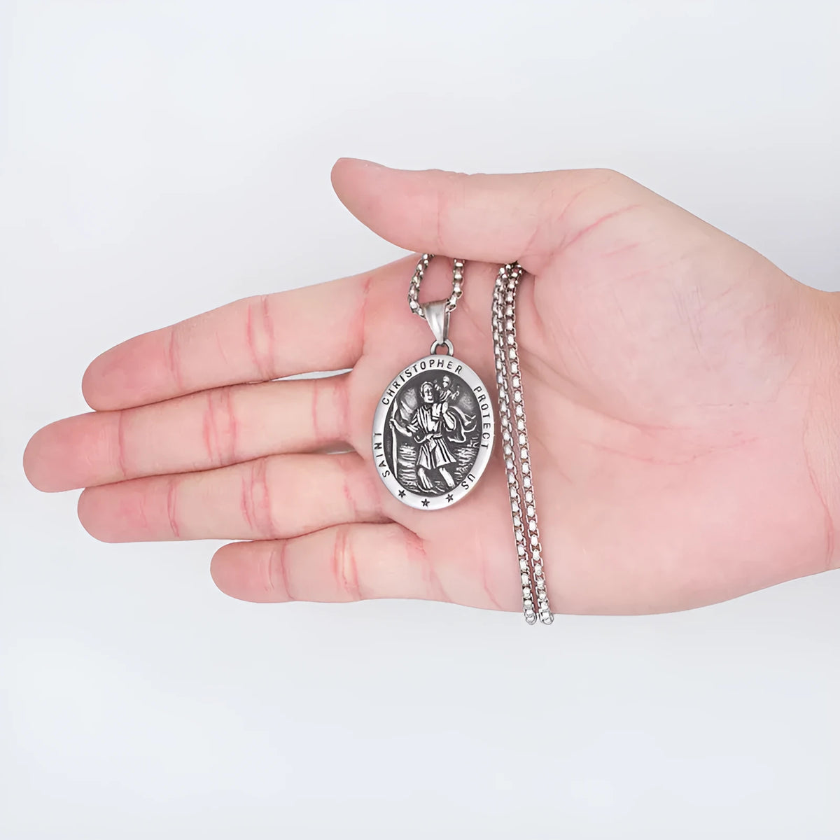 St Christopher titanium steel pendant necklace with 60cm steel colour chain, geometric unisex design