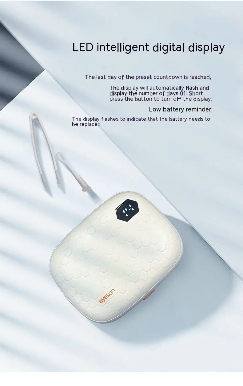 Pearl white automatic ultrasonic glasses cleaning machine for invisible eyewear, measuring 85x65x30mm