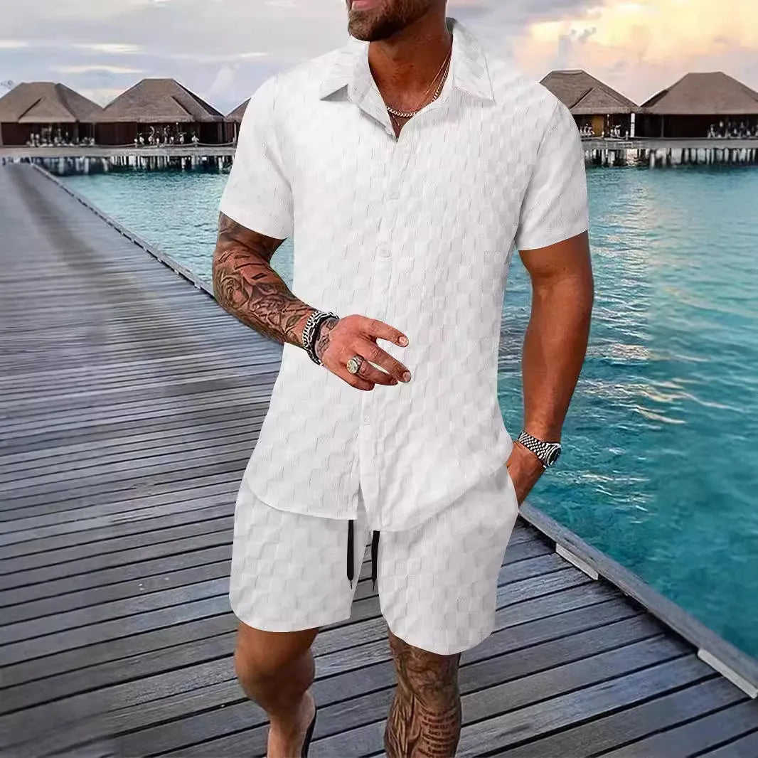Men's chemical fibre casual suit set with short sleeve shirt and matching shorts in beige colour
