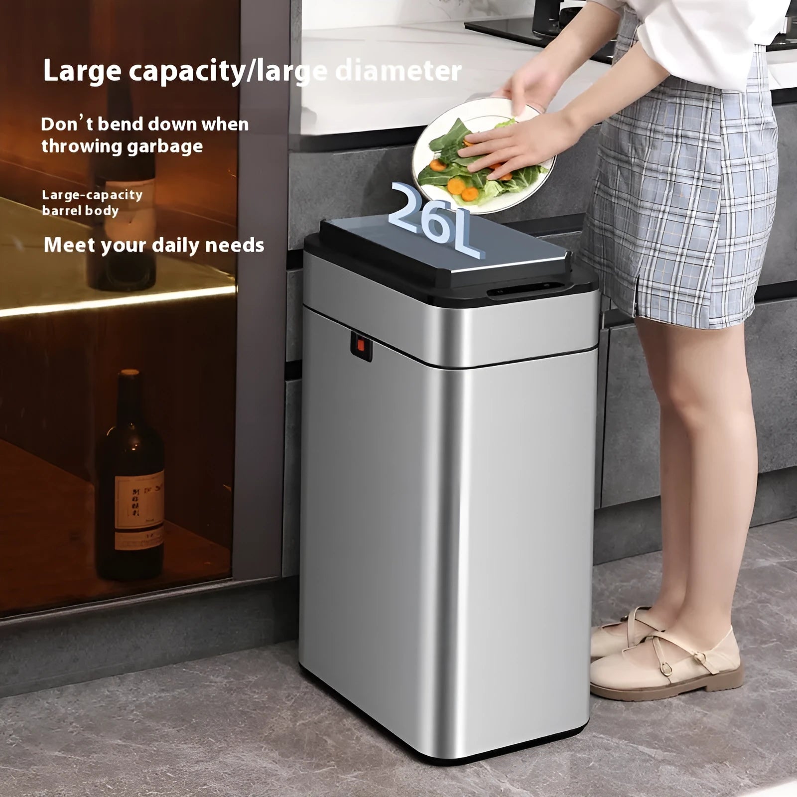 Stainless steel inductive smart trash can with square design and deodorant function