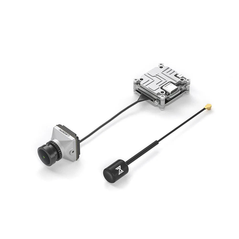 Silver DJI FPV digital transmission unit with Caddx adapter compatibility and mounting hardware
