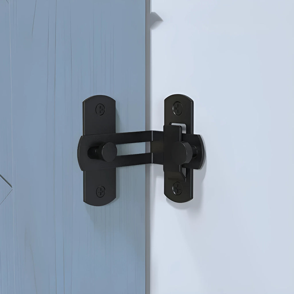 Stainless steel and carbon steel 90-degree sliding door hasp lock for barn and warehouse doors.