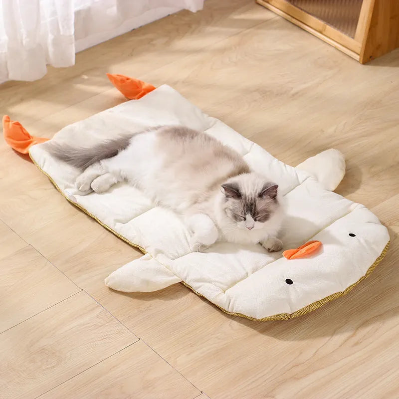 Detachable cool breathable cat bed with cooling mat, White Duck colour, size L, on floor with cat resting inside