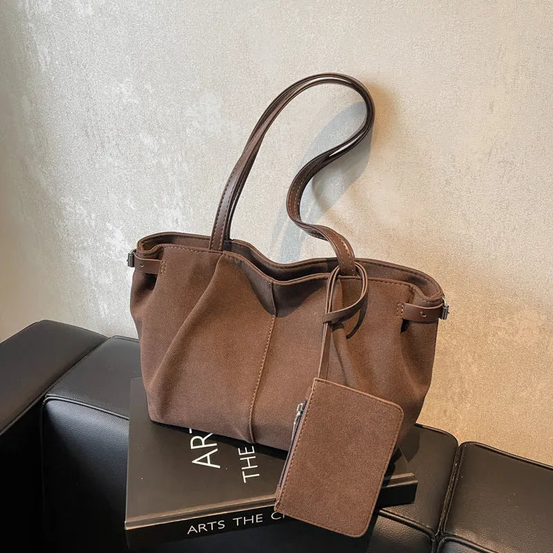 PU suede casual commute handbag horizontal square shape black zipper changing compartment double shoulder straps