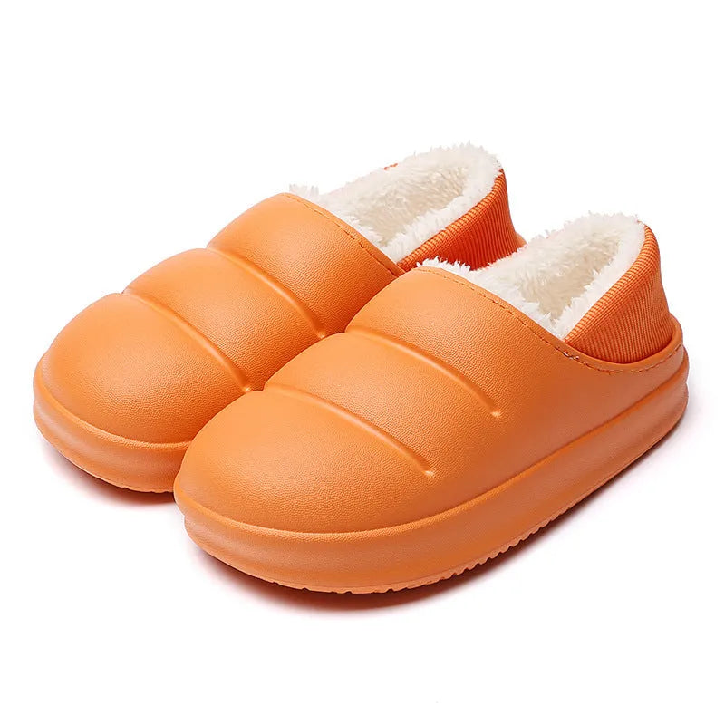 A pair of waterproof EVA couple slippers in various colours, showing plush lining and a non-slip sole.