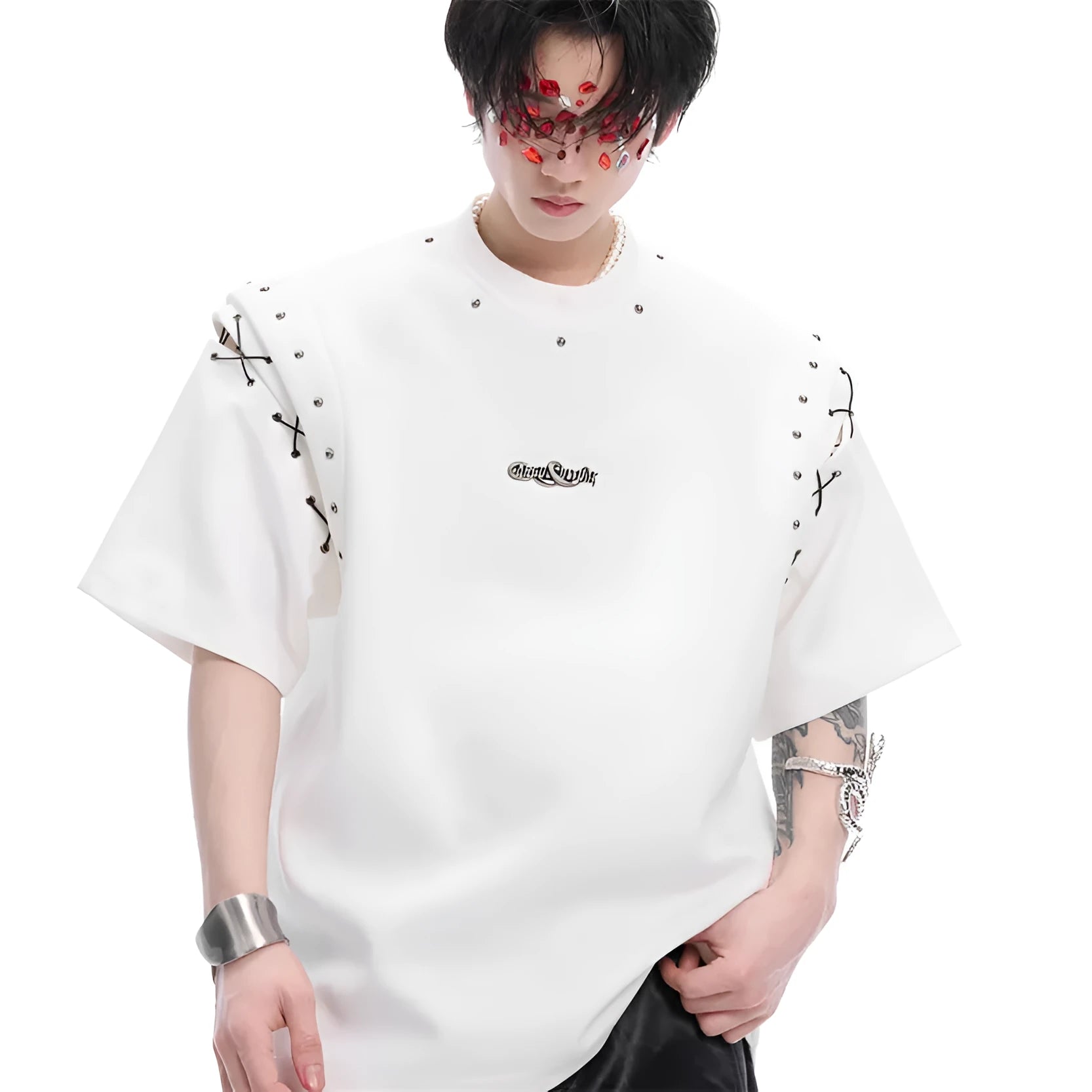 Black short sleeve T-shirt with a lace-up cutout design detail on the front.