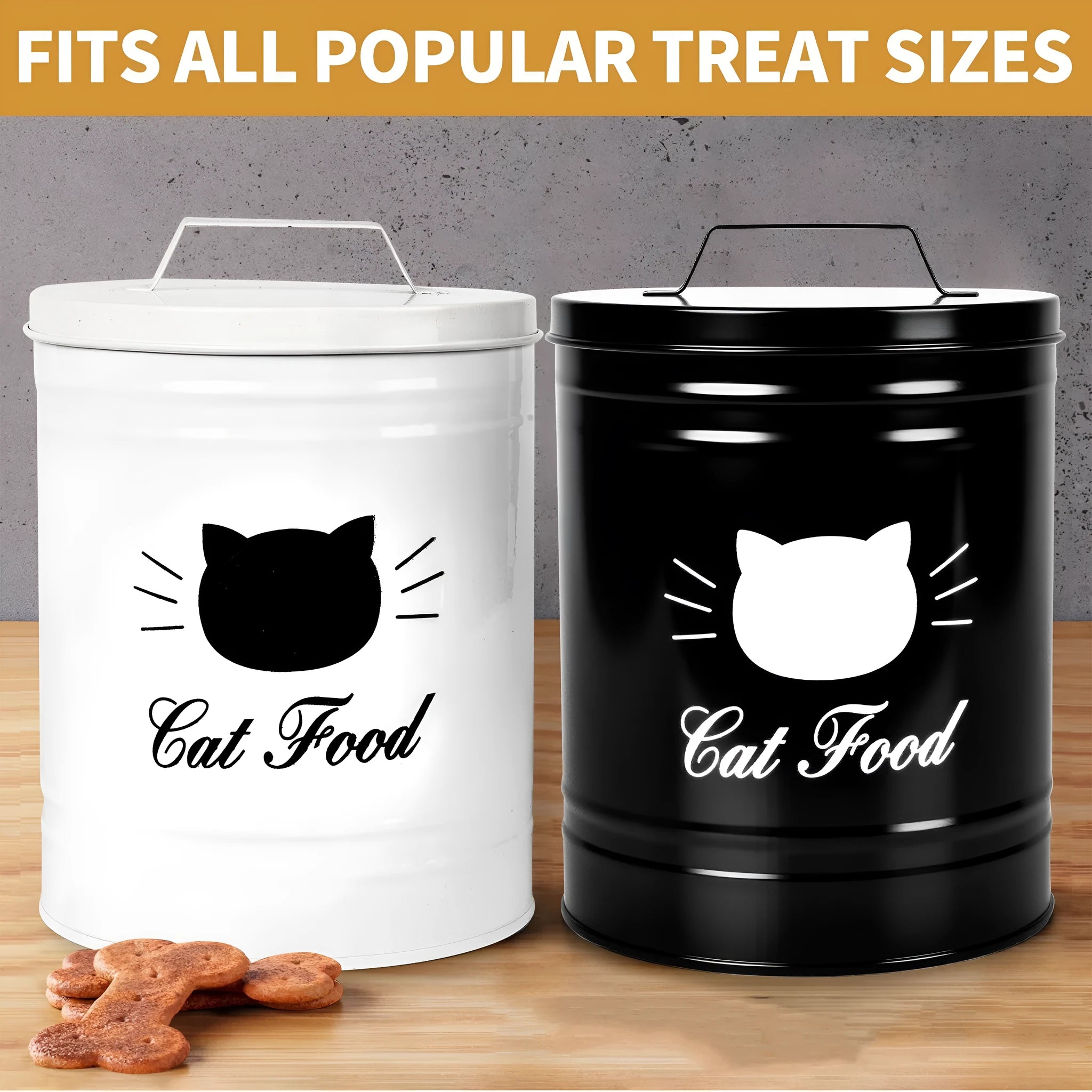 Black and white round iron sheet storage cans with lids for kitchen pantry organisation