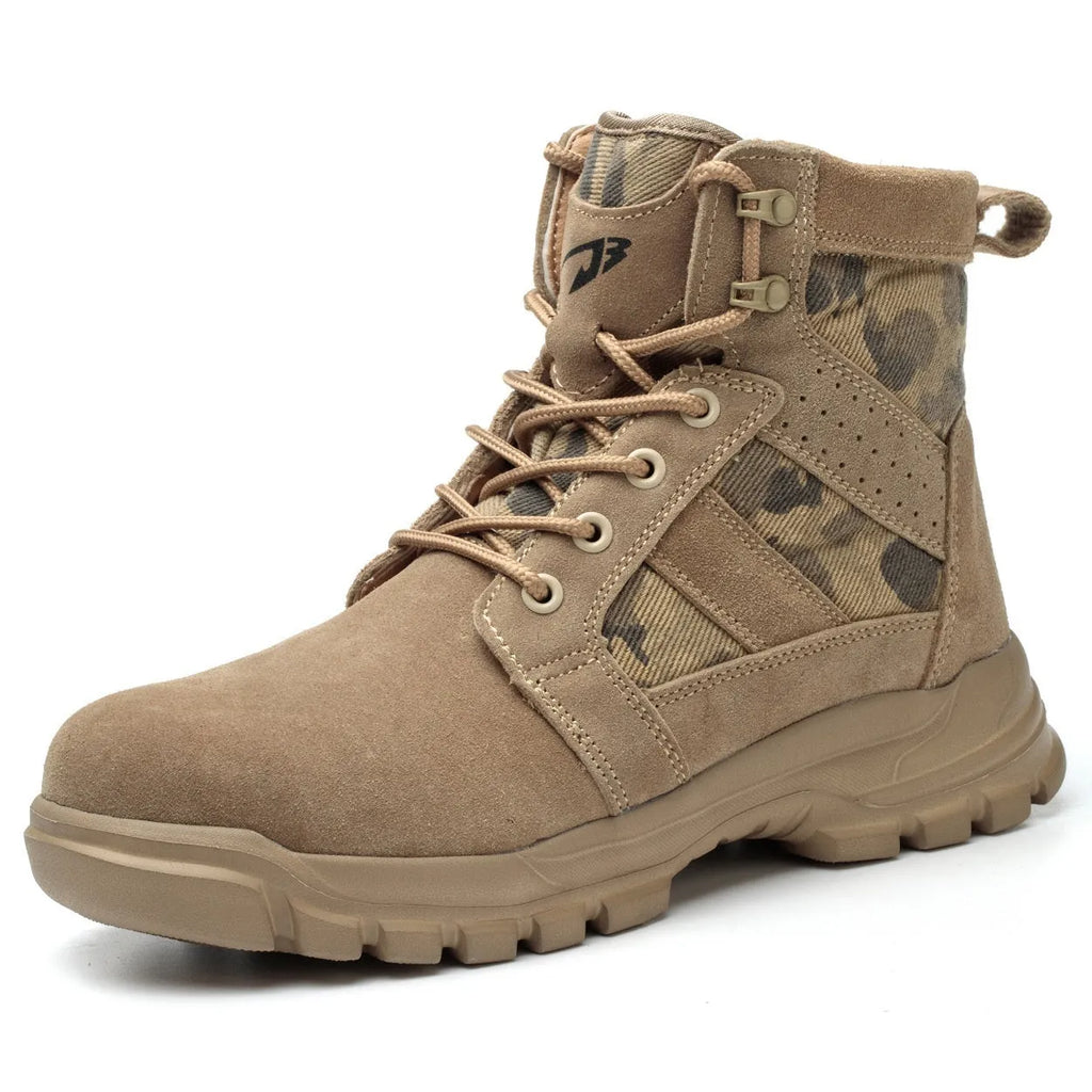 Khaki high-top suede combat boots with steel toe cap and front lace-up closure on a rubber sole.