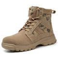 Khaki high-top suede combat boots with steel toe cap and front lace-up closure on a rubber sole.