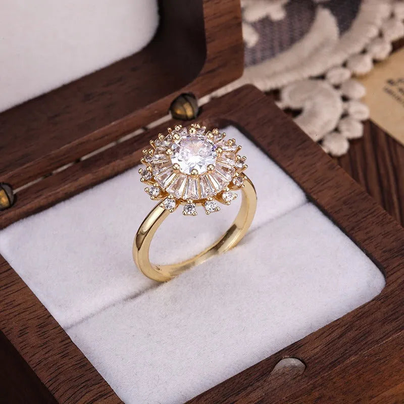 Gold copper flower ring with open mouth design and sunflower shape