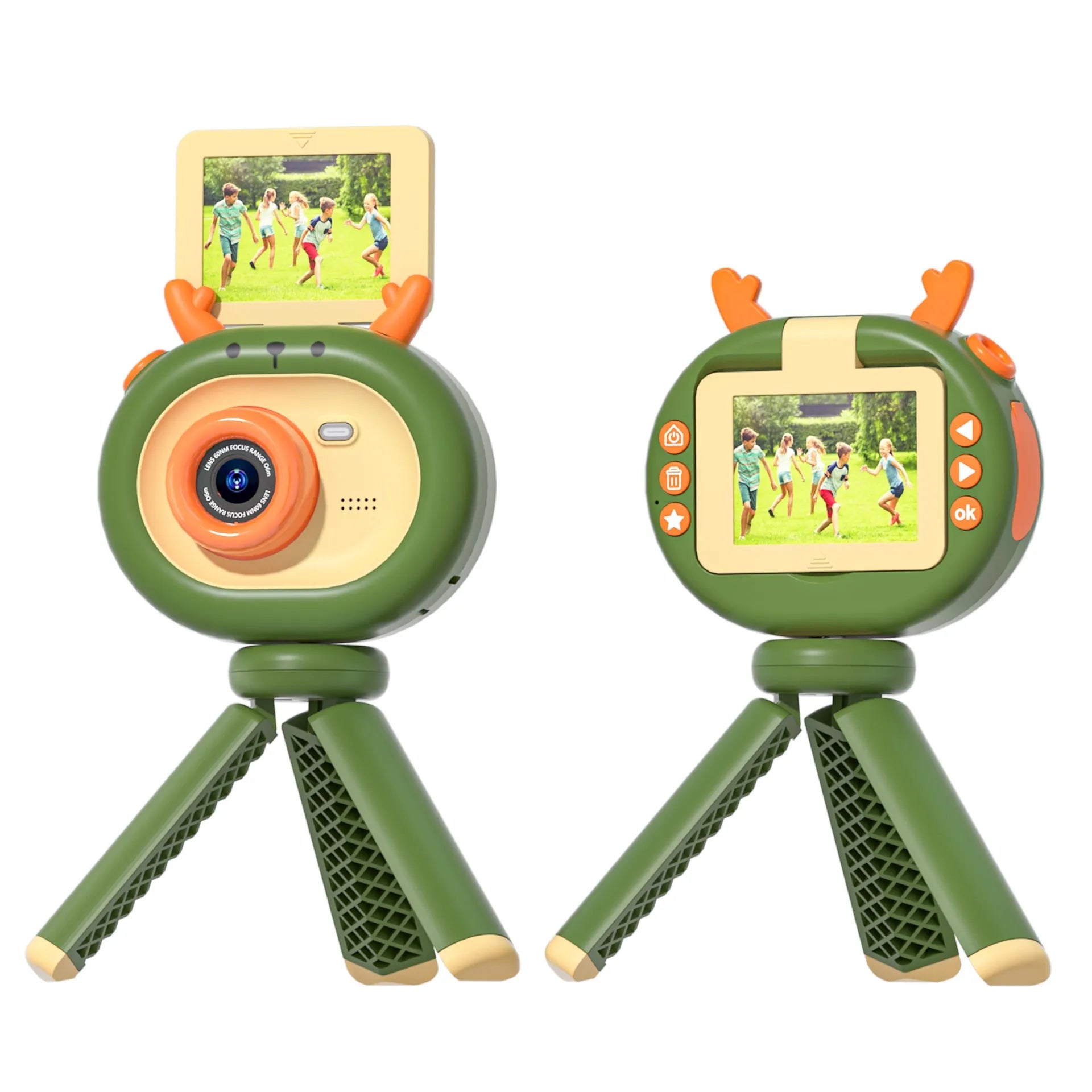 Purple and dark green children's digital camera with flip screen showing front and back views with accessories