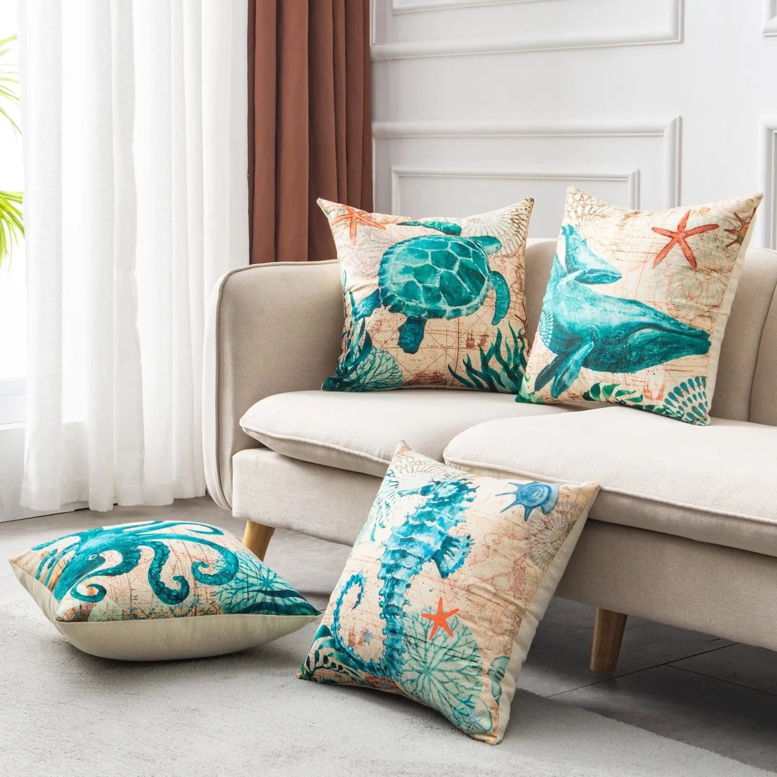 45cm square linen cushion cover with sea turtle pattern and invisible zipper