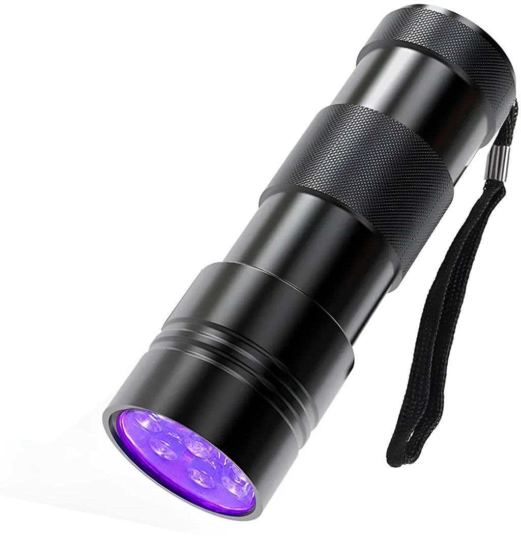 Black aluminium alloy UV flashlight torch for detecting pet urine stains and bed bugs