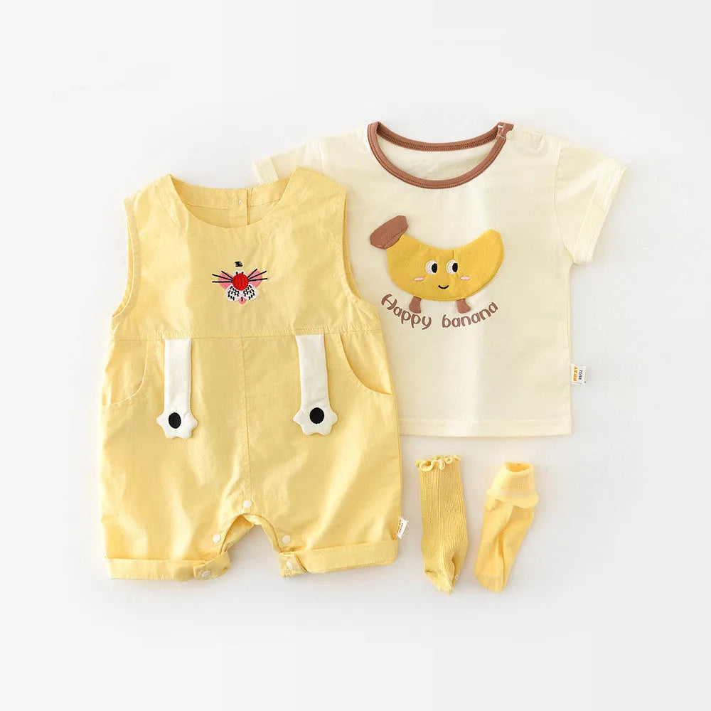 Baby summer cartoon banana round neck short sleeve top in cotton blend on white background