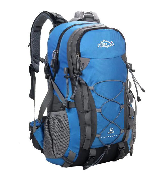 Green outdoor backpack with 32cm width shown alongside blue, black, and orange colour options for hiking and camping