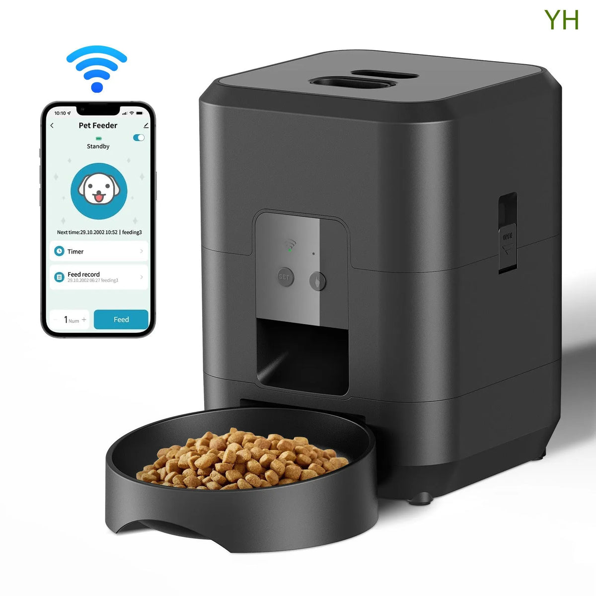 Automatic pet feeder with WiFi connectivity and video monitoring for cats with UK power adapter