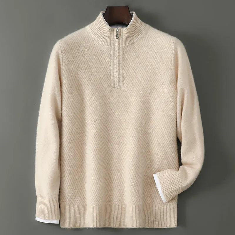 Half turtleneck zipper design pure wool knit bottoming shirt in beige colour, loose fit pullover style