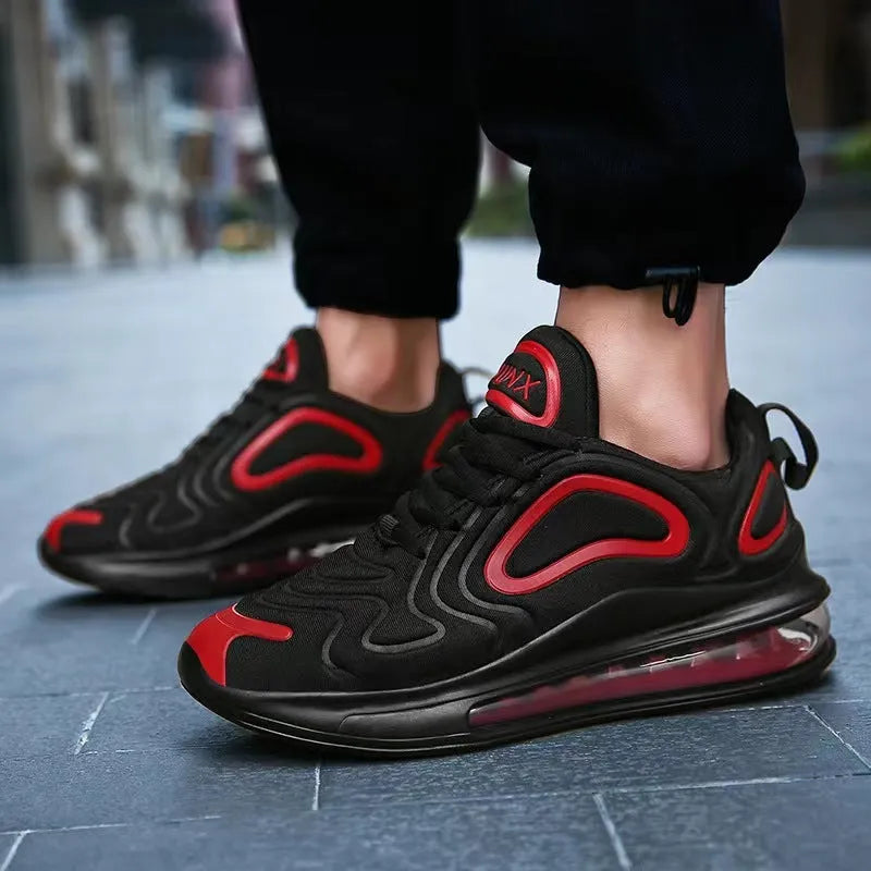 Men's black casual air cushion sneakers with lace-up front and thick sole.