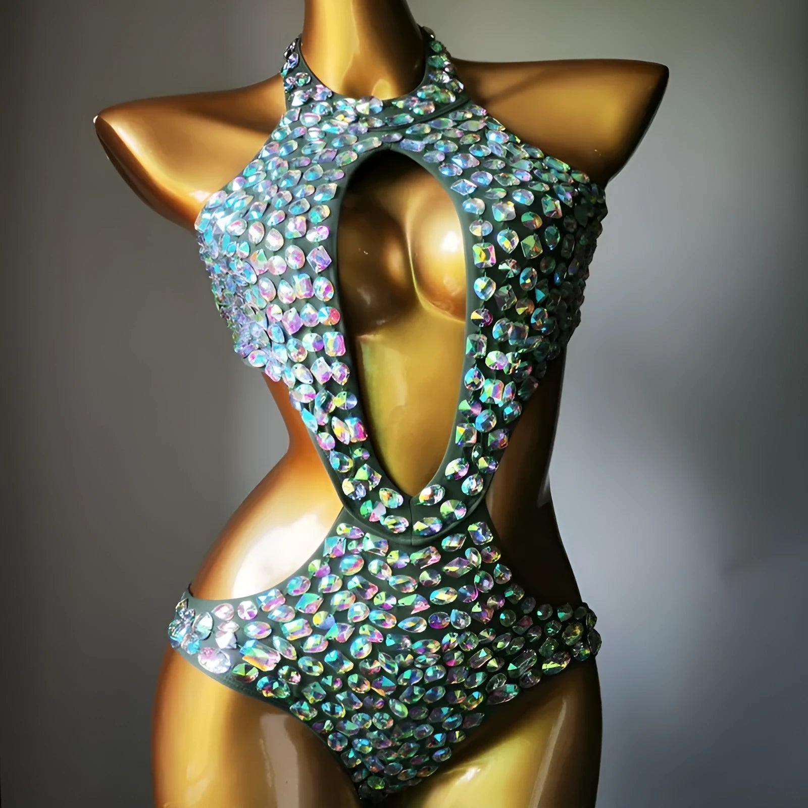 Women's diamond mesh one-piece swimsuit in nylon, shown in Army Green colour.
