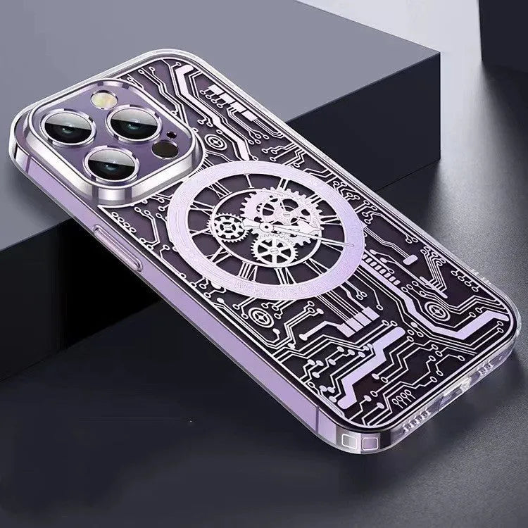 Transparent gold magnetic TPU phone case for iPhone 14 Pro Max 6.7 inch, rear cover with fall prevention and retro style