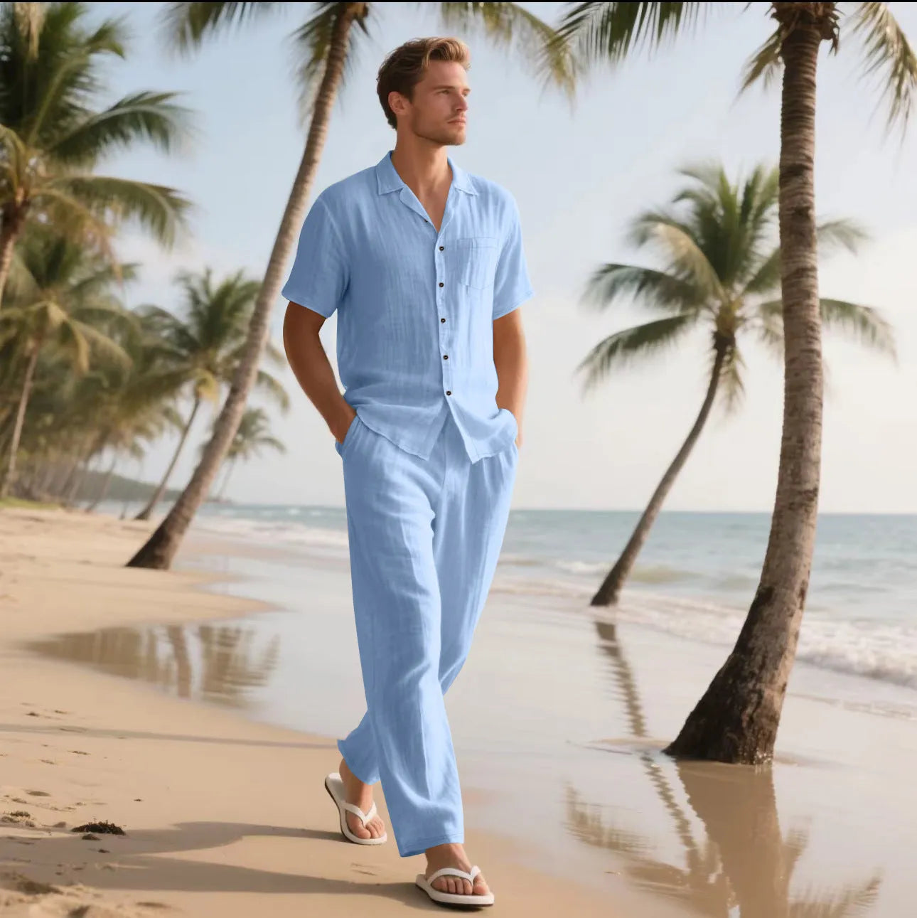 Two-piece casual linen-blend button polo beach suit with short sleeves and trousers in khaki colour