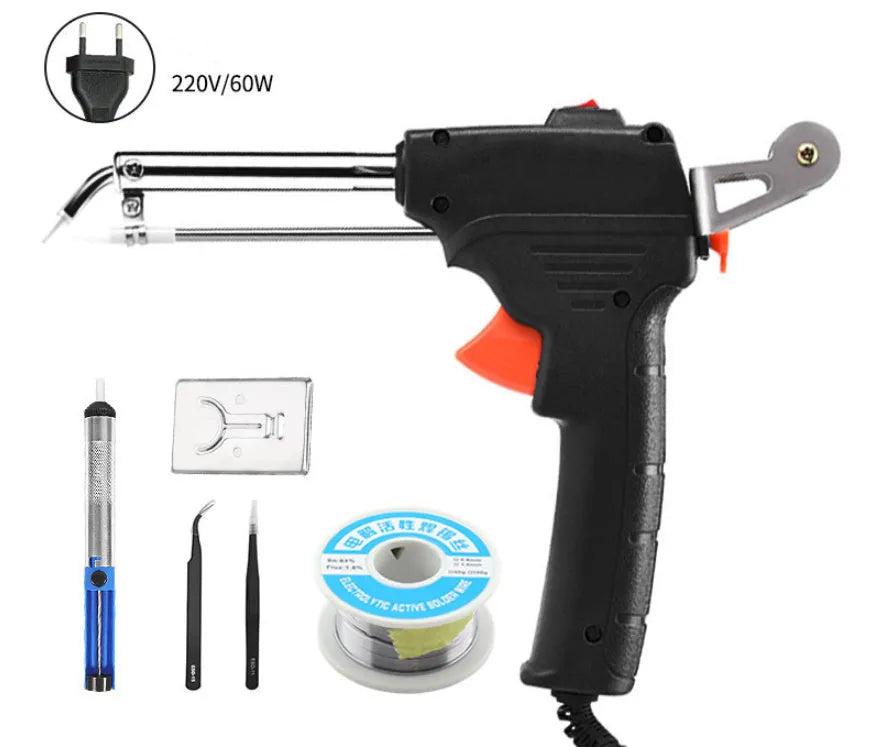 External heating soldering gun with black plastic handle, 220V EU plug, 235x215x50mm size, solder wire, stand, tweezers, and solder sucker