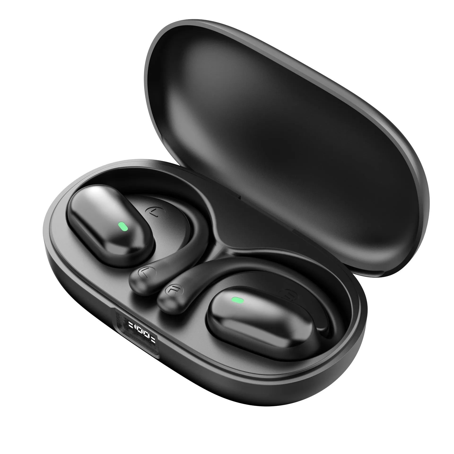 Bone conduction sports headset in black with digital display and ear hook design