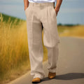 Men's linen blend solid colour loose straight casual trousers in khaki, side view