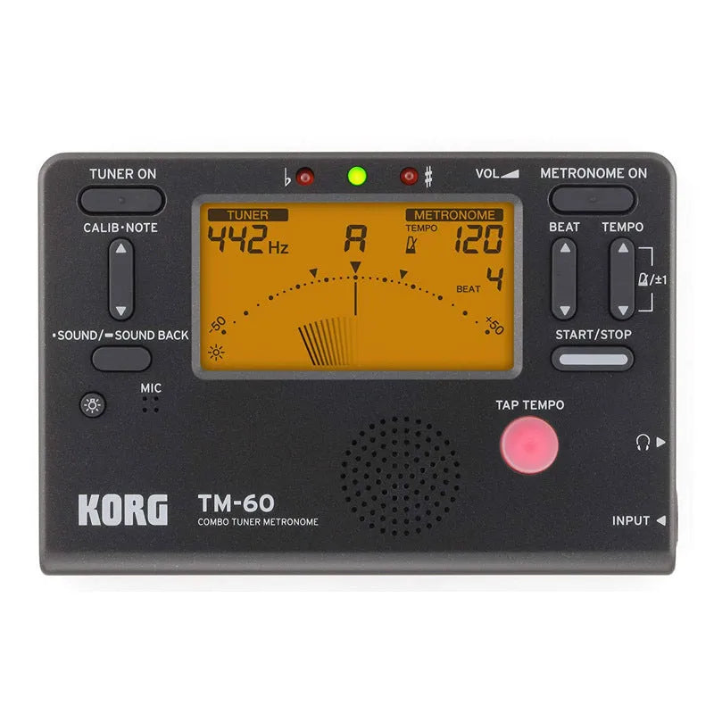 TM-60 black and white electronic metronome and tuner with digital display showing BPM.