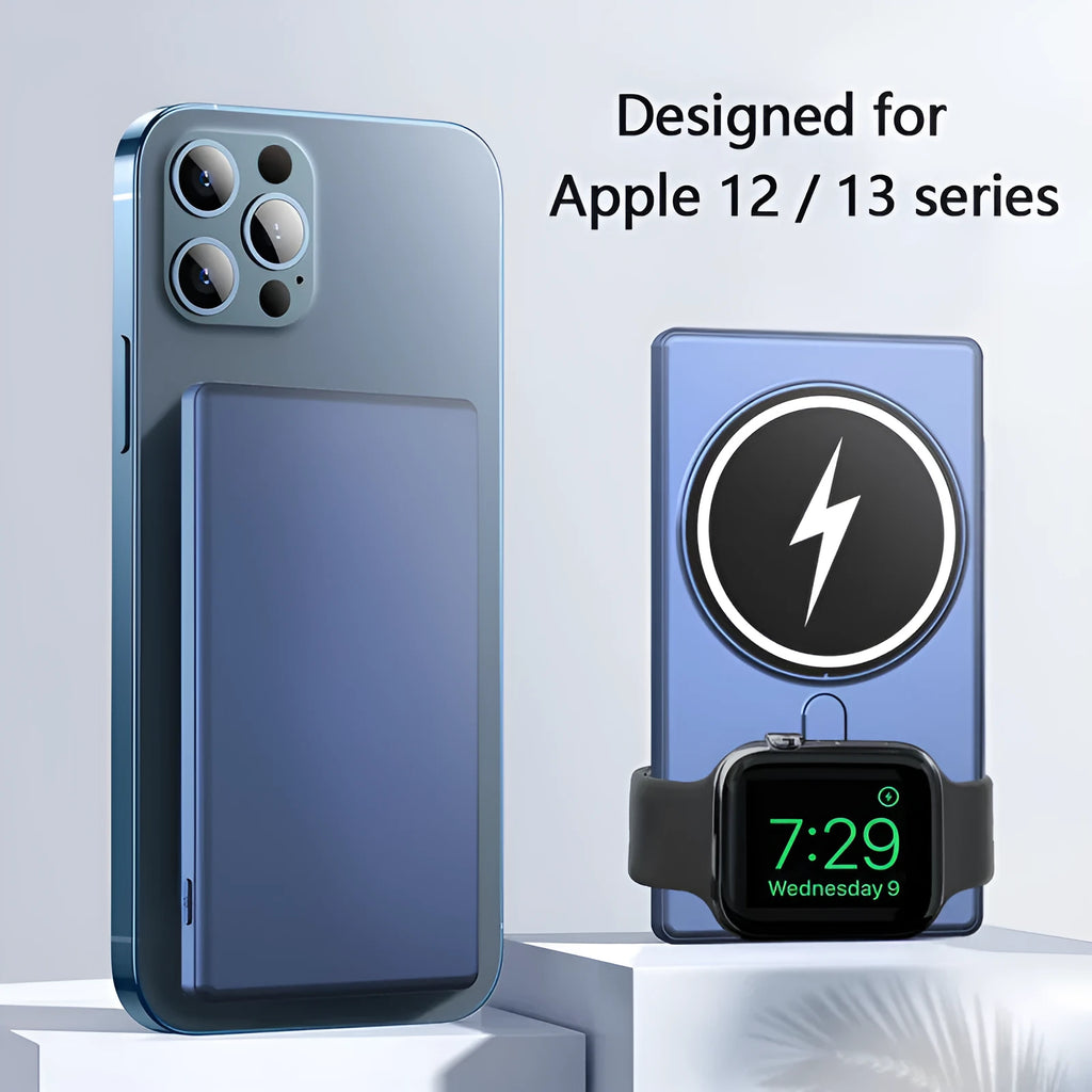 Black three-in-one magnetic wireless charging power bank with 5000mAh capacity showing wireless charging surface and output ports