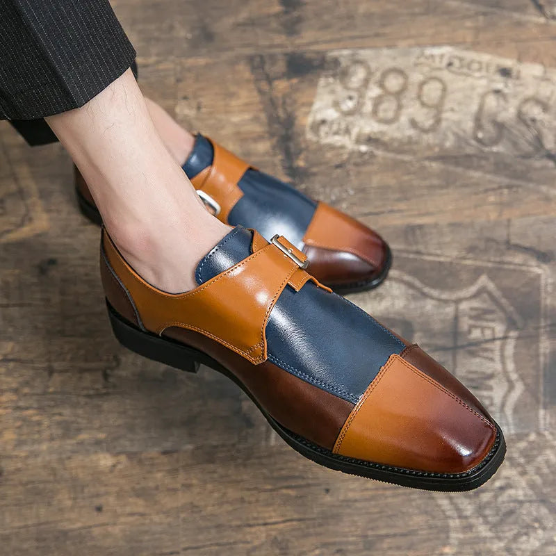 Men's British retro style leather shoes in black and brown-blue colours with tall crown design