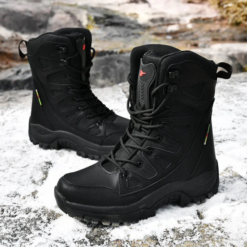 Men's cowhide leather hi-top hiking shoes in black, brown and beige colours