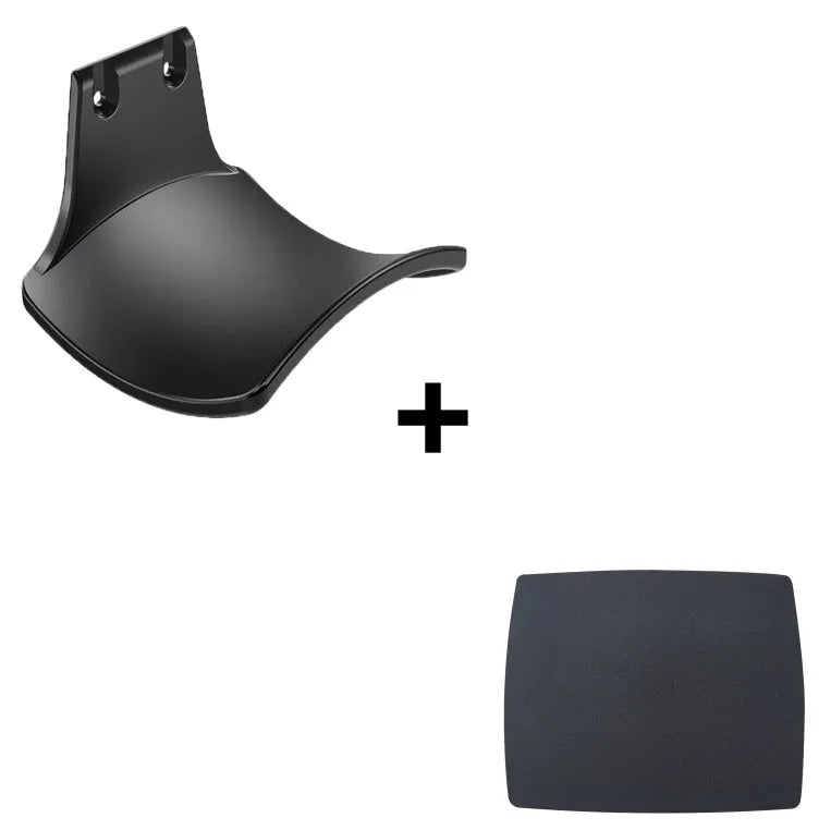 Black ABS plastic X-shaped handle wall hanging rack mounted on a white wall with adhesive glue.