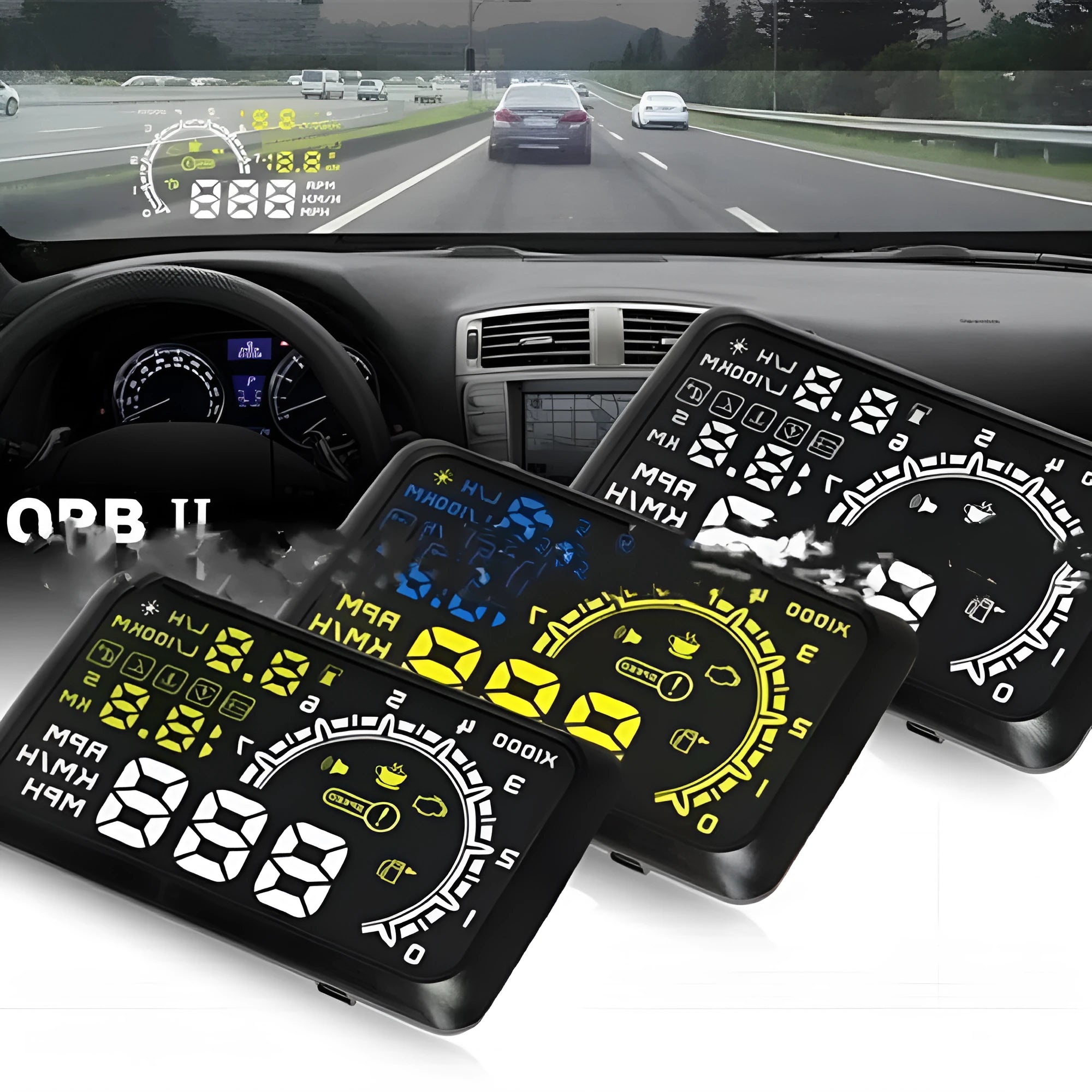 Black ABS head up display with multi-colour screen and data cable for OBD II EUOBD vehicles