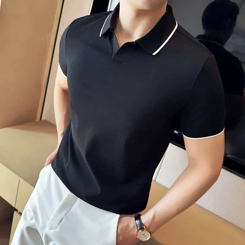 A cotton blend short sleeve polo shirt with a lapel collar, shown in a solid colour.