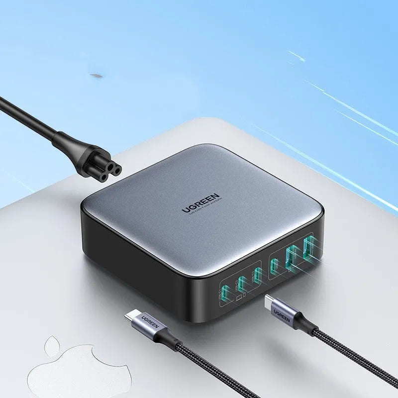 100W Gallium Nitride GaN multi-port USB-C fast charger plug on a table
